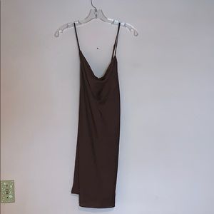 Brown satin cowl neck slip dress